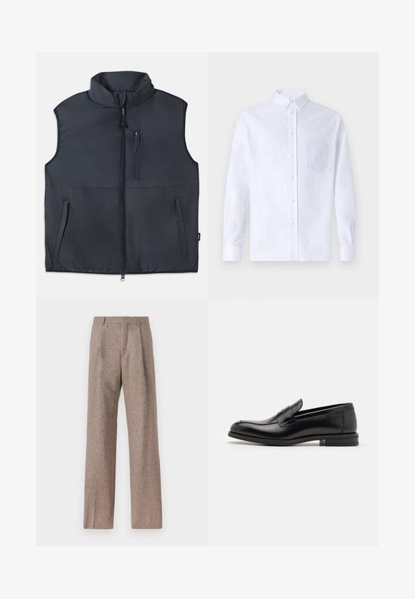 Black sleeveless padded vest with stand collar, front zipper, and three zippered pockets.; White long-sleeve button-up shirt made of cotton, featuring a chest pocket with tonal embroidery, a collar, and button cuffs.; Brown, high-waisted trousers made of textured fabric. Features wide legs and two front pleats for structure. Neat finish with no visible hardware.; Black leather loafers with a smooth texture, rounded toe, and a decorative strap across the vamp. Low stacked heel, minimalist design.