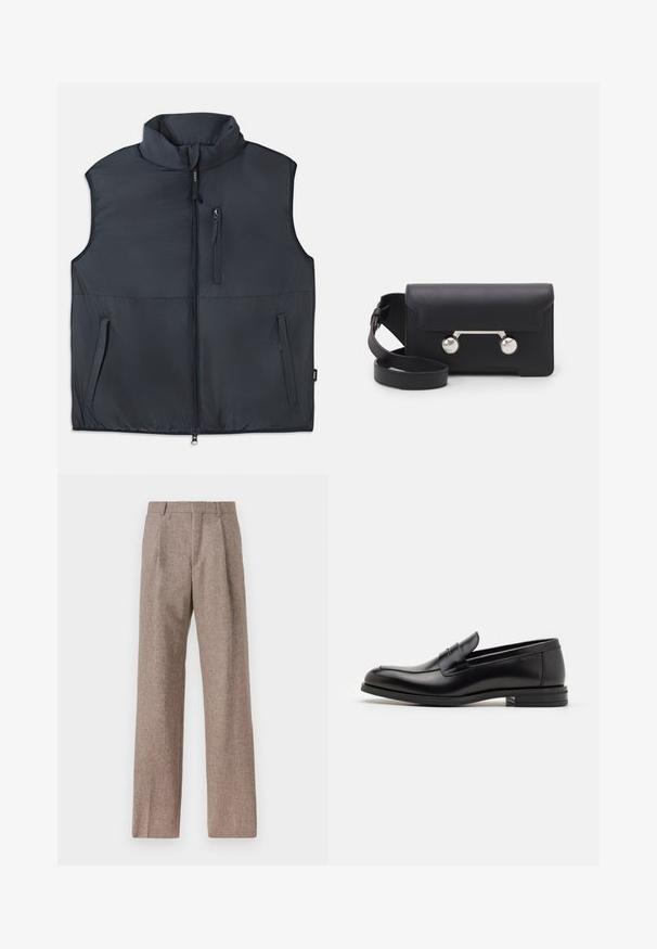 Juodas be rankovių, paminkštintas liemenė su aukštu apykakle, priekinis užtrauktukas ir trys užtrauktuku uždaromos kišenės.; Balta ilga rankovė mygtukų marškiniai, pagaminti iš medvilnės, su krūtine kišene ir toniniu siuvinėjimu, apykakle ir mygtukų apvadu.; Rudos, aukšto liemens kelnes, pagamintas iš tekstūruotos medžiagos. Plati kojos, dvi priekinės klostės struktūrai. Tvarkingas apdailos darbai, be matomų detalių.; Juodos odinės loafers, turinčios lygų paviršių, apvalią noselę ir dekoratyvinę juostą per priekinę dalį. Žemas krentantis kulnas, minimalistinis dizainas.; Juodas odinis kryžminis krepšys su sklendės uždarymu, sidabro spalvos detalėmis ir dviem apvaliais akcentais. Yra nusiimamas diržas. Lygus paviršius.