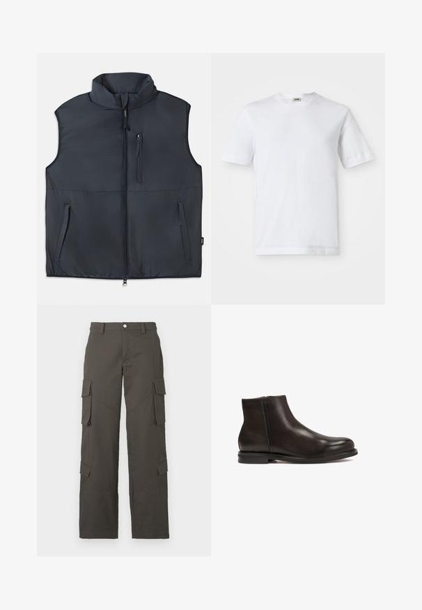 Schwarweste ohne Ärmel mit Stehkragen, Frontreißverschluss und drei Reißverschlusstaschen.; Weißes Baumwoll-T-Shirt mit kurzen Ärmeln, Rundhalsausschnitt und glatter Textur. Keine Muster oder Akzente sind sichtbar.; Dunkelgraue gerade Cargo-Hosen mit Knopfverschluss und vier Klappentaschen, zwei an den Oberschenkeln und zwei nahe den Waden.; Schwarze Leder-Ankle-Boots mit glatter Textur, runder Zehenform und niedrigem Absatz. Verfügt über einen seitlichen Reißverschluss für einfaches An- und Ausziehen.