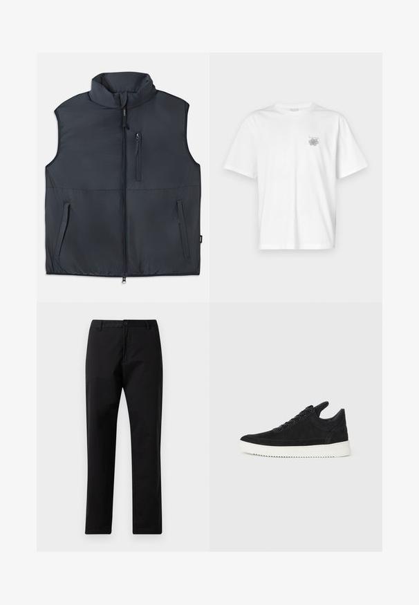 Čierna bezrukávová prešívaná vesta s vysokým golierom, predným zipsom a tromi zipsovými vreckami.; Biela tričko vyrobené z bavlny, s krátkymi rukávmi, okrúhlym výstrihom a malým šedým logom na oblasti ľavej hrude. Hladká textúra.; Čierne nohavice so rovnými nohavicami, s upevnením na gombík a zips, s pútkami na opasok a prednými vreckami, zobrazené na bielom pozadí.; čierne semišové tenisky s bielou gumovou podrážkou, s tonálnym prešívaním a šnurovaním. Hladká textúra s moderným, zjednodušeným tvarom.
