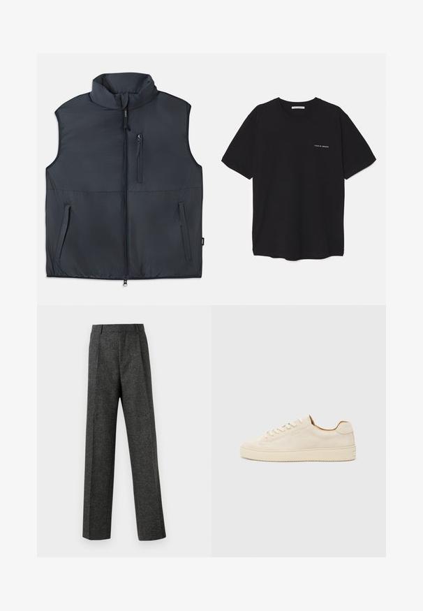 Black sleeveless padded vest with stand collar, front zipper, and three zippered pockets.; Black cotton T-shirt with a crew neck, short sleeves, and a white logo print on the left chest. Simple, solid color design.; Gray tailored trousers made of textured fabric, featuring two front pleats and a straight-leg design. No visible pockets or embellishments.; Beige suede sneaker with a low-top design, round toe, flat laces, and a textured rubber sole. Minimalist style with no visible logos.