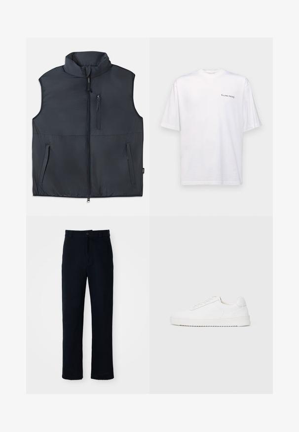 Zwart mouwloos gewatteerd vest met rechtopstaande kraag, een ritssluiting aan de voorkant en drie ritszakken.; Witte katoenen T-shirt met korte mouwen en een V-hals, voorzien van een zwart "FILLING PIECES" logo dat aan de linkerkant is gedrukt.; Marineblauwe broeken van katoen, met een recht model, een sluiting met een knoop aan de voorkant en een klassieke tailleband met riemlussen.; Witte sneaker met een gladleren bovenkant, ronde neus, veters, gestructureerde zijaccenten en een dikke rubberen zool. Minimalistisch ontwerp.