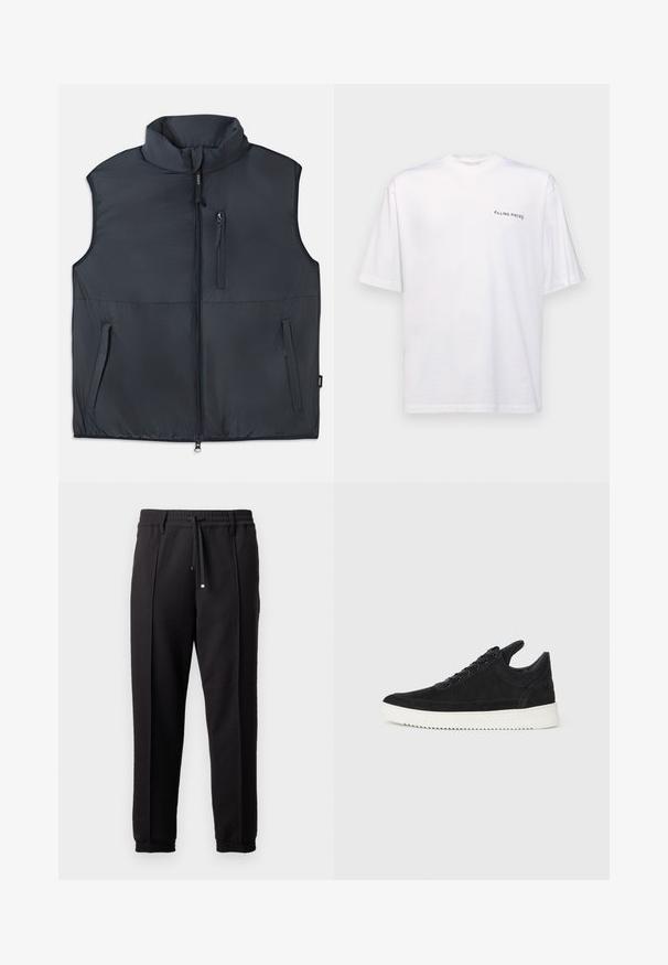 Colete preto sem mangas, acolchoado, com colarinho alto, fecho frontal em zípper e três bolsos com zípper.; T-shirt branca de manga curta em algodão com decote em V, apresentando um logótipo preto "FILLING PIECES" impresso do lado esquerdo.; Calças pretas com uma cinta na cintura, cordão ajustável e punhos elásticos. Apresenta pregas e um tecido liso e texturizado.; Sapatilha de camurça preta com sola de borracha branca, apresentando costuras tonais e um design com atacadores. Textura suave com uma forma moderna e simplificada.