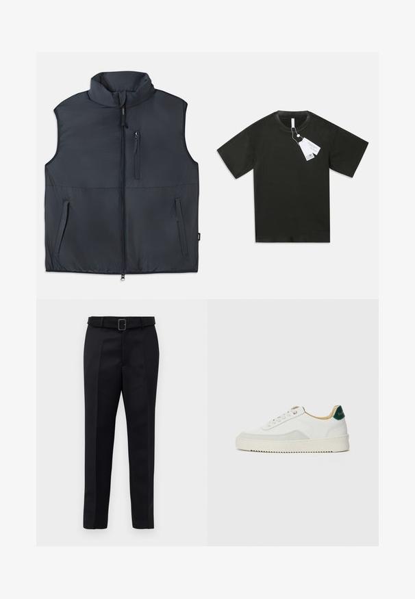 Fekete ujjatlan párnázott mellény álló gallérral, elöl zippzárral és három zippzáros zsebbel.; Fekete, rövid ujjú pamut póló, kerek nyakkal és a gallérból lelógó fehér címkékkel, egyszínű fehér háttér előtt.; A fekete, szabott nadrág sima anyagból készült, egyenes szabású, és övvel rendelkezik, amelynek téglalap alakú csatja van. A figyelemre méltó elülső redők fokozzák a dizájnt.; Fehér sneaker suédé részletekkel, kerek orral, lapos fűzőkkel és krémszínű gumitalppal. Zöld logó található a sarkán.