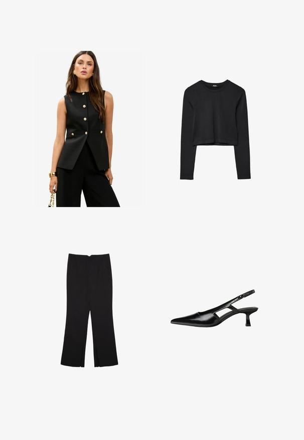 Schwarze ärmellose Weste mit hohem Ausschnitt, ausgestattet mit goldenen Knöpfen und Taschen mit Klappen, aus einem glatten Stoff mit taillierter Passform.; Schwarzes, langärmliges, kurz geschnittenes Oberteil mit Rundhalsausschnitt, schlichter Gestaltung und leicht abgerundetem Saum.; Schwarze Hose mit geradem Schnitt, ausgestattet mit Fronttaschen und Seitenschlitzen am Saum. Hergestellt aus weichem, glattem Stoff. Geeignet für verschiedene Anlässe.; Schwarze Lackleder-Slingback-High Heels mit spitzer Zehenform, ausgeschnittenem Seitendesign und kleinem Blockabsatz. Glatte Textur mit minimalen Akzenten.