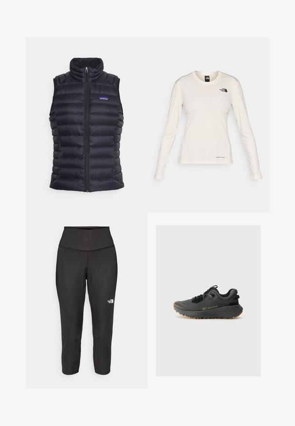 Juodas izoliuotas pūkinis liemenė su aukštu apykakle, siuvinėta paklausa, priekinis užtrauktukas ir šoninės kišenės. Ant krūtinės yra mažas logotipas.; The North Face SHADOW LONG SLEEVE - Ilgarankovis viršutinės dalies drabužis - white dune; Juodos capri tipo leggingai, pagaminti iš tamprios medžiagos, su aukštu juosmeniu ir mažu baltu logotipu kairėje pusėje. Lygi tekstūra.; Columbia TERRASTRIDE CRZ - Turistiniai batai - shark/black