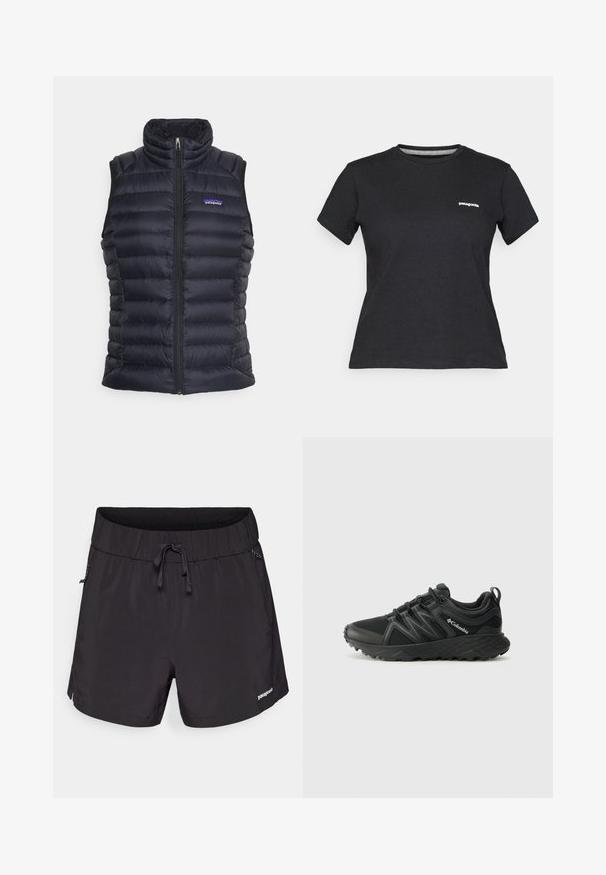 Colete acolchoado preto e isolado com gola alta, design acolchoado, fecho frontal com zíper e bolsos laterais. Apresenta um pequeno logotipo no peito.; T-shirt de algodão preto com decote redondo e mangas curtas. Apresenta um logo branco "Patagonia" na área do peito esquerdo.; Fato de banho preto feito de tecido leve, com uma cintura elástica, cordão e bolsos laterais para maior funcionalidade.; Columbia PEAKFREAK - Sapatos de caminhada - black