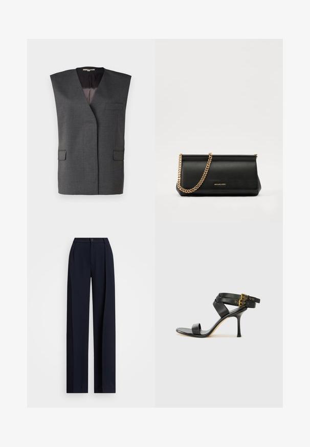 Šedá bezrukávová vesta s klopovým límcem, dvěma předními kapsami a hladkým vnitřním podšívkou. Vyrobeno z texturované tkaniny s dobře padnoucím střihem.; Bílá lněná košile s designem na zapínání na knoflíky, krátkými ohrnutými rukávy, límečkem a zakulaceným spodním lemem. Obsahuje knoflíky v světlejší barvě.; Námořnické široké kalhoty s sklady, knoflíkovým zapínáním a hladkým textilním povrchem. Navrženy pro volný a pohodlný střih.; Černé sandály na podpatku s kříženými popruhy a nastavitelnou sponou. Mají hladký povrch a špičatý stiletto podpatek.; Černá kožená psaníčko s zlatým řetízkem, vyznačující se hladkým povrchem, obdélníkovým tvarem a reliéfním logem na přední straně.