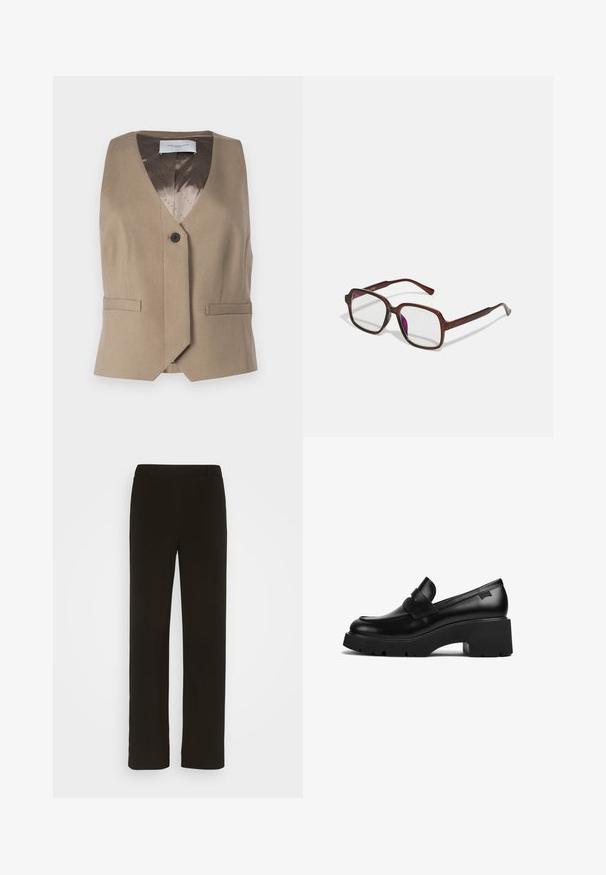 Pruun ilma varrukateta vest, mis on valmistatud tekstuuriga kangast, V-kaelusega, ühe nupuga kinnitatud ja kahe esipocketiga. Vooder on mustriline.; Hele hall hüüdnikk, mis on valmistatud pehmest materjalist, ümmarguse kaelusega ja ribakäistega, millel on lilleline tikand rinnal.; Mustad, sirged jalad, mis on valmistatud kootud kangast, millel on lame esiosa, kaks külgtaskut ja sile tekstuur. Ilma nähtavate mustrite või aktsentideta.; Must musta jalgadega must nahast lohvik, paksu tallaga ja rihmaga ülevalt, kujutatud külgvaates valgel taustal.; Pruunid, ristkülikukujulised prilliraamid, millel on läbipaistvad läätsed ja lillakad tooni. Sile plastikraam otste kaared ja peente aksenditega.