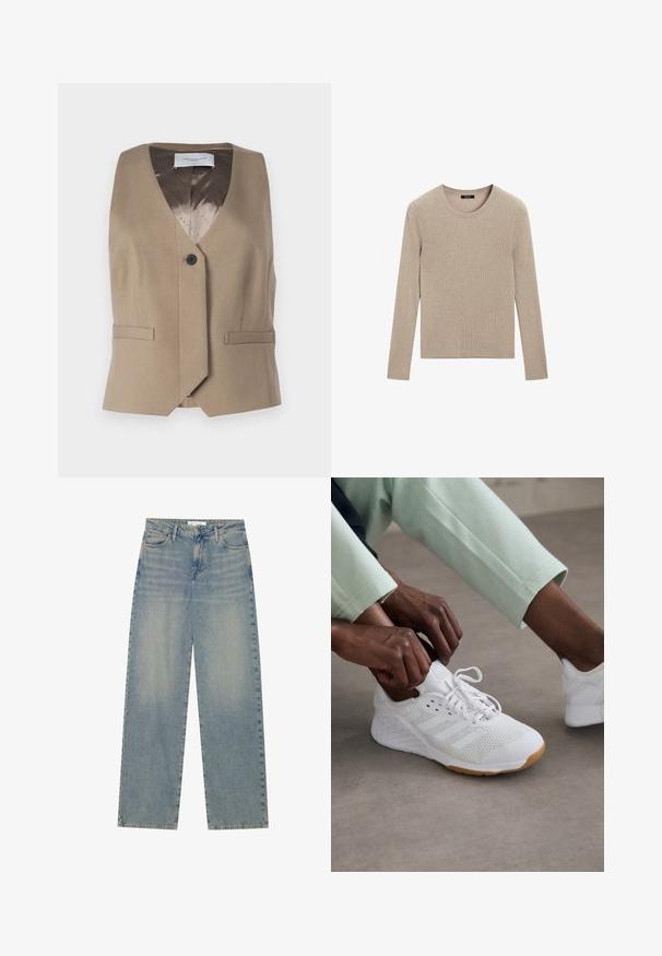 Brun ärmlös väst av texturerad tyg, med V-ringning, en knappknäppning och två framfickor. Fodrad med ett mönstrat foder.; Massimo Dutti RIBBED CREW NECK - Stickad tröja - LIGHT BROWN; Ljusblå högmidjade raka denimjeans med framfickor, bälteshällor samt synlig knapp- och dragkedjeslutning.; Vit sportskor med ovandel i mesh, gummisula och tre-radigt mönster. Skosnören justeras; ljusgrå och mintgrön klädsel synlig.
