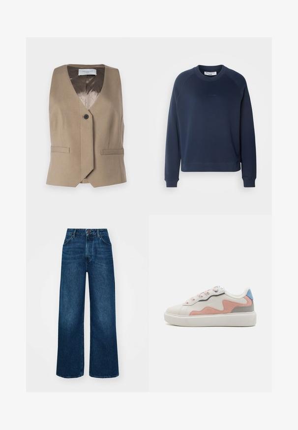 Vesta fără mâneci de culoare maronie, realizată dintr-un material texturat, având decolteu în formă de V, închidere cu un singur nasture și două buzunare frontale. Captusită cu un interior cu model.; Hanorac bleumarin cu mâneci raglan lungi, guler rotund și manșete ribbate. Material texturat și logo subtil pe față.; Tricou alb cu mânecă lungă dintr-un material moale și ușor; are un guler rotund și o croială ușor relaxată; eticheta este vizibilă pe lateral.; Jeans cu talie înaltă și picioare largi, din denim albastru închis, cu o textură netedă, cusături în contrast și design cu cinci buzunare. Închidere frontală cu nasture.; Tenisi joși cu un upper sintetic alb, accente de suede roz și gri, talpă din cauciuc alb texturat și șireturi colorate.