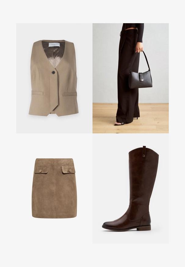 Brauner ärmelloser Weste aus strukturiertem Stoff, mit V-Ausschnitt, einem Knopfverschluss und zwei Vorderentaschen. Gefüttert mit einem gemusterten Innenfutter.; Brauner Langarm-Top mit weitem Ausschnitt und Knoten-Detail auf einer Seite, aus weichem, strukturiertem Stoff.; Brauner Wildleder-Minirock mit glatter Textur, ausgestattet mit zwei vorderen Klappentaschen und Druckknopfverschlüssen an beiden Seiten. Schlichtes, gerades Design.; Braune kniehohe Stiefel aus glattem Leder, mit runder Zehenform, niedrigem Blockabsatz und einem dezente Stichmuster an den Seiten.; Schwarze Handtasche mit strukturierter Form, glatter Textur und einem metallischen Verschluss. Kombiniert mit weiten schwarzen Hosen und offenen Sandalen auf einem Holzboden.