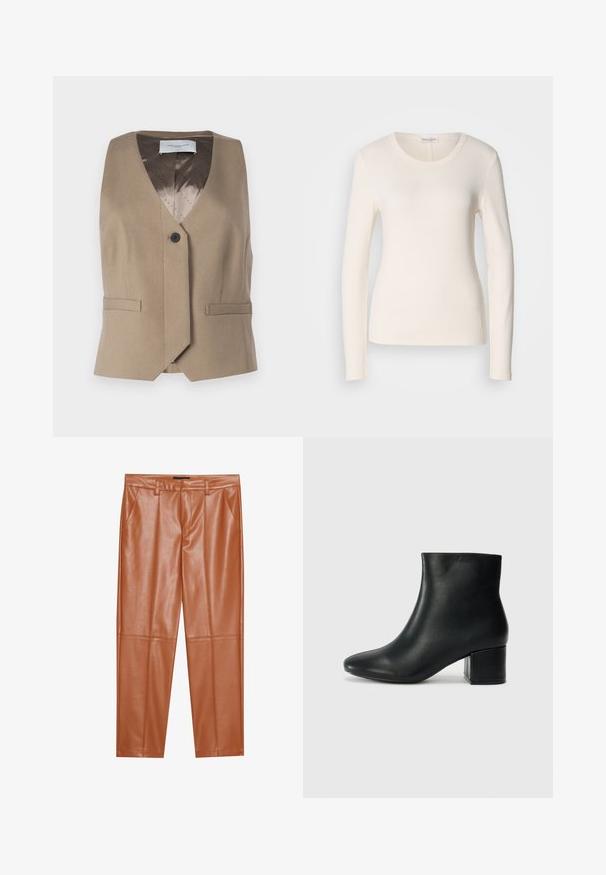 Brown sleeveless vest made of textured fabric, featuring a V-neck, single button closure, and two front pockets. Lined with a patterned interior.; Long-sleeve T-shirt in cream cotton, featuring a round neckline, fitted design, and a small logo detail near the hem. Smooth texture.; Brown faux leather trousers with a tailored fit, featuring front pleats and straight legs. Smooth texture with no visible hardware or accents.; Black leather ankle boots with a pointed toe and a chunky heel. Smooth texture with minimal accents and a sleek, fitted design.