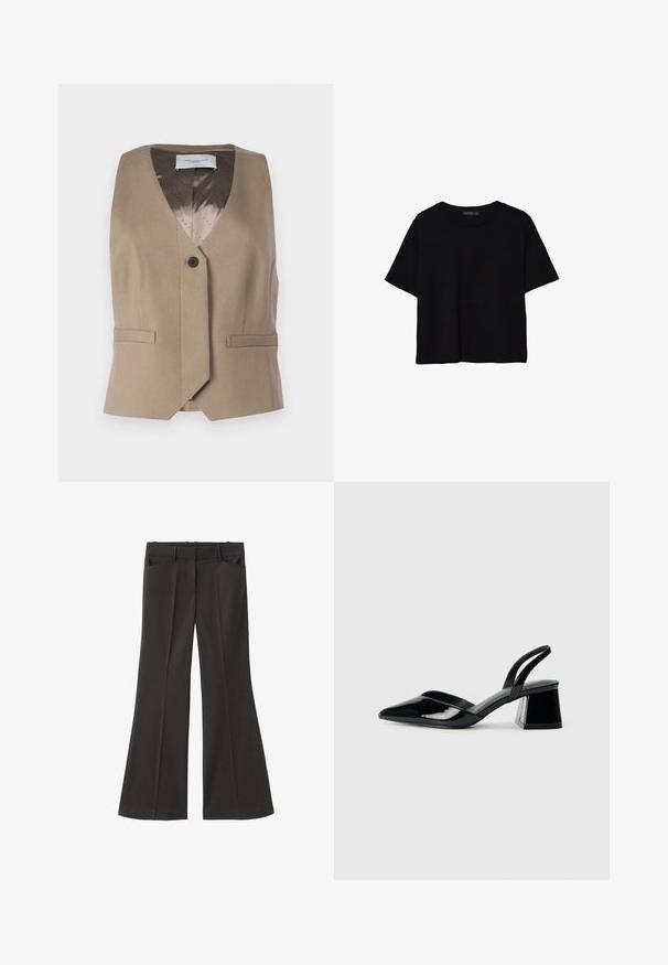Hnědá bezrukávová vesta vyrobená z texturované tkaniny, s výstřihem do V, jedním knoflíkem na zapínání a dvěma předními kapsami. Podšitá vzorovaným interiérem.; Stradivarius REGULAR FIT - Jednoduché tričko - black; Černé rozšířené kalhoty s vysokým pasem; mají dvě přední kapsy a hladkou texturu látky. Vhodné pro různé příležitosti.; Černé lakované kožené lodičky na pásku s špičatou špičkou a geometrickým blokovým podpatkem. Vyznačují se elegantním, minimalistickým designem a hladkým povrchem.