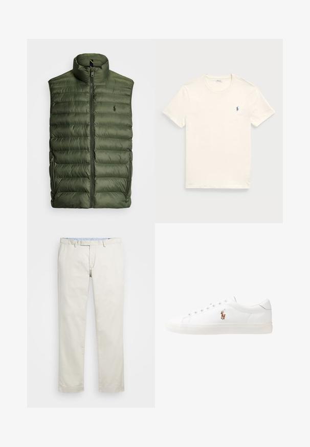 Polo Ralph Lauren THE COLDEN PACKABLE GILET - Liemenė - cruise olive; Kreminės spalvos medvilnės marškinėliai su apvali iškirpte ir trumpomis rankovėmis. Ant kairiojo krūtinės turi mažą mėlyną siuvinėtą logotipą.; Šviesiai rudi medvilniniai chinos tipo kelnės su plokščiu priekiniu dizainu, diržo kilpomis ir šoninėmis kišenėmis. Tiesaus kirpimo dizainas su lygiu paviršiumi ir lengvu, kvėpuojančiu jausmu.; Baltos odinės sportbačiai, žemo profilio, su lygia tekstūra, apvalia nosimi, raištelių sistema priekyje ir mažyte siuvinėta logo šone.