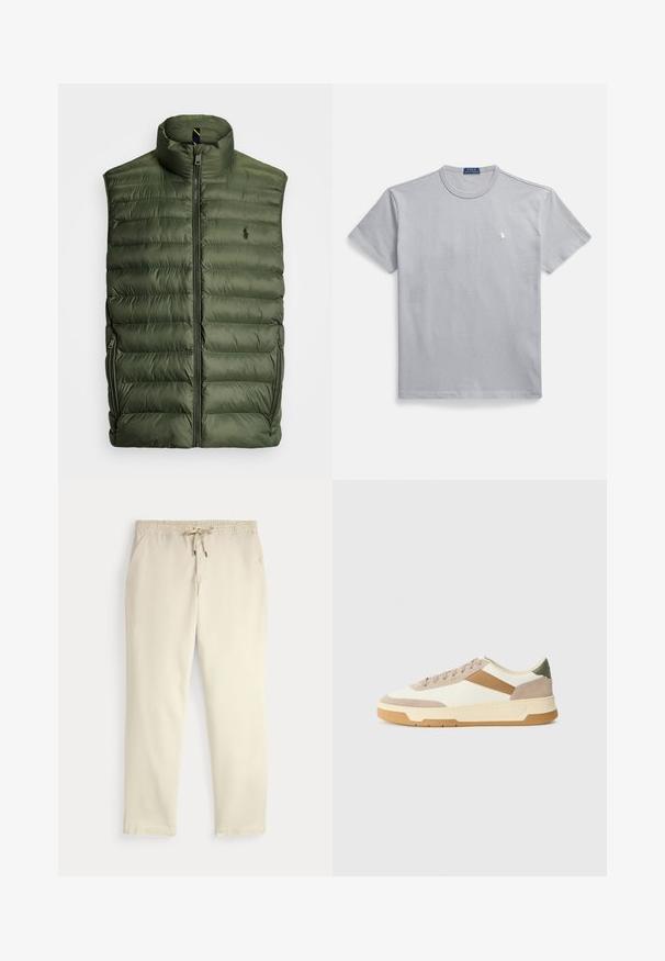 Polo Ralph Lauren THE COLDEN PACKABLE GILET - Colete - cruise olive; T-shirt cinzenta de algodão com gola redonda, mangas curtas e um pequeno logótipo branco no peito esquerdo. Textura suave e corte confortável.; Calças casuais off-white com cintura elástica e cordão, pernas retas e bolsos laterais, contra um fundo liso.; Ténis em bege, creme e verde oliva, com materiais em camurça e couro, bico redondo, design minimalista e sola em borracha.