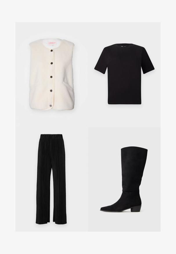 Fuzzy cream sleeveless vest with a round neckline, five dark brown buttons, and two side pockets. Finished with a cream trim.; Black short-sleeve t-shirt with a round neckline, crafted from soft cotton fabric. Simple design, no visible logos or patterns.; Black pleated trousers with an elastic waistband. Features wide legs and a smooth, textured fabric with vertical stripes.; Black suede knee-high boot with low block heel and pointed toe, shown in side view on a plain light gray background.