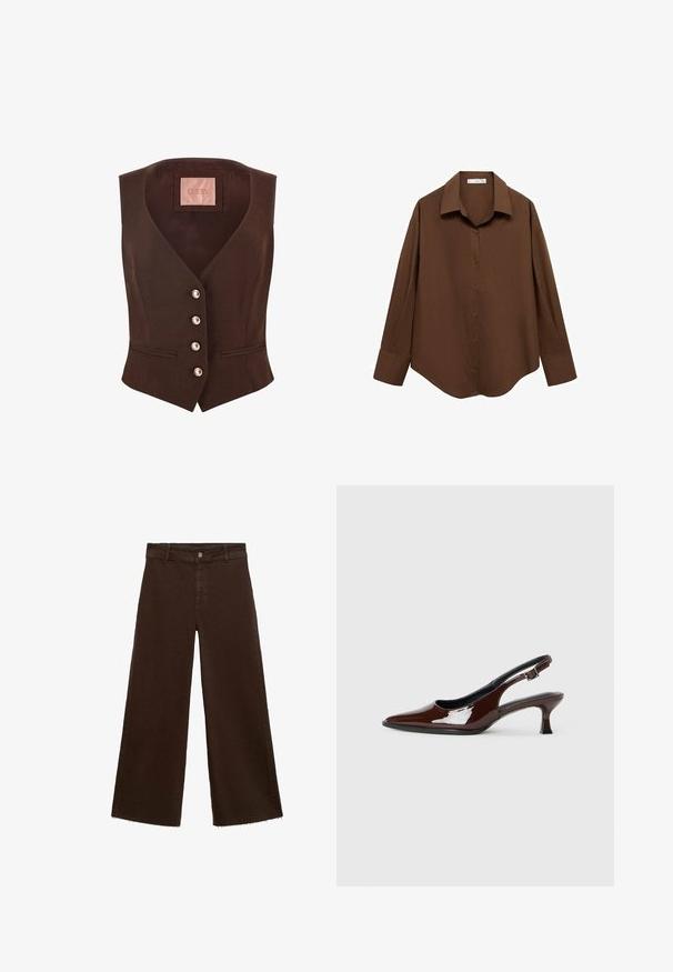 Braune, taillierte Weste mit V-Ausschnitt, fünf silbernen Knopfverschlüssen und zwei vorderen Taschen. Das Etikett trägt "GUESS" in Pink auf der Innenseite.; Mango Hemdbluse - brown; Braune, weit geschnittene Hosen aus Baumwollmischung mit fransigem Saum, vorderem Knopfverschluss und klassischem Fünf-Taschen-Design. Minimalistisch und vielseitig.; Braune Lackleder-Slingback-Schuhe mit spitzer Zehe und moderatem Absatz. Mit einem Schnallenriemen für einen sicheren Sitz. Glatte Textur.