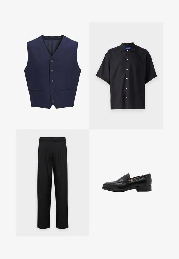 Granatowa kamizelka, wykonana z teksturowanej tkaniny, z wyciętym kołnierzykiem, sześcioma przednimi guzikami i dwiema bocznymi kieszeniami. Gładkie wykończenie wewnętrzne.; Czarna koszula z krótkim rękawem, wykonana z lekkiego materiału, z kołnierzykiem w kształcie punktu i zamknięciem na guziki z przodu z białymi guzikami.; Czarne spodnie wykonane z gładkiego materiału, z prostą nogawką, dwoma fałdami z przodu oraz standardowym paskiem z wypustkami na pasek.; Czarne skórzane mokasyny z przeszywaną przednią częścią i płaskim obcasem. Gładka tekstura z zaokrąglonym noskiem i dekoracyjnym paskiem na wierzchu stopy.