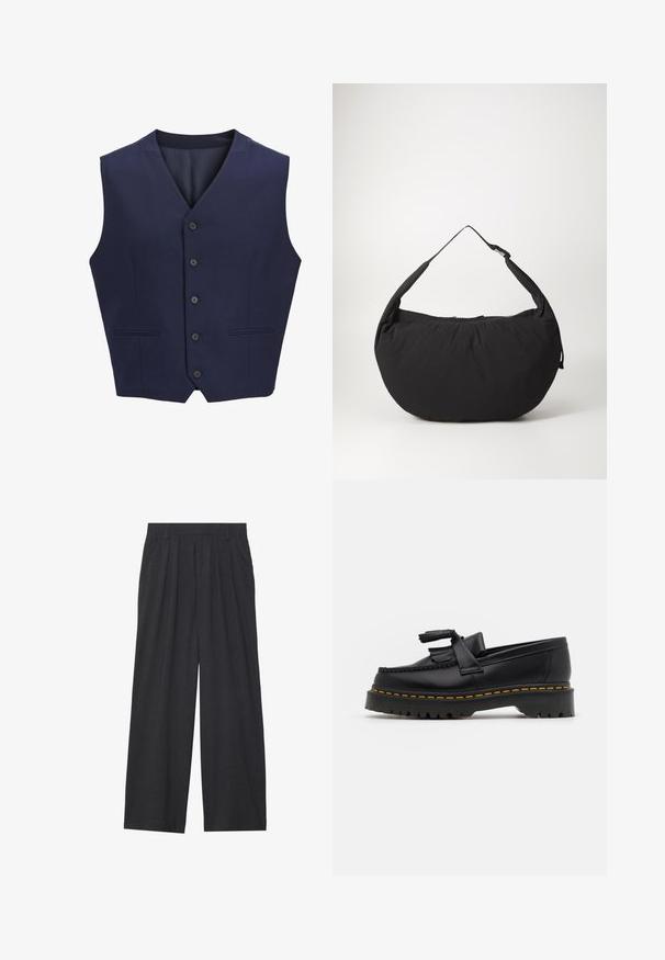 Námořnická modrá vesta, vyrobena z texturované tkaniny, s klopovým límcem, šesti předními knoflíky a dvěma bočními kapsami. Hladká interiérová podšívka.; Bílá dlouhá rukávová henley košile s třemi knoflíky a kulatým výstřihem, vystavená na jednoduchém bílém pozadí.; Široké kalhoty vyrobené z tmavě šedé látky. Mají plisování v pase, střih na míru a rovný siluetu.; Černé kožené mokasíny s třásněmi, se silnou černou podrážkou a žlutým prošíváním podél okraje. Texturovaný povrch.; Černá látková taška přes rameno s zakřiveným tvarem, vybavená jedním popruhem a zipovým uzávěrem. Měkká textura, minimalistický design.