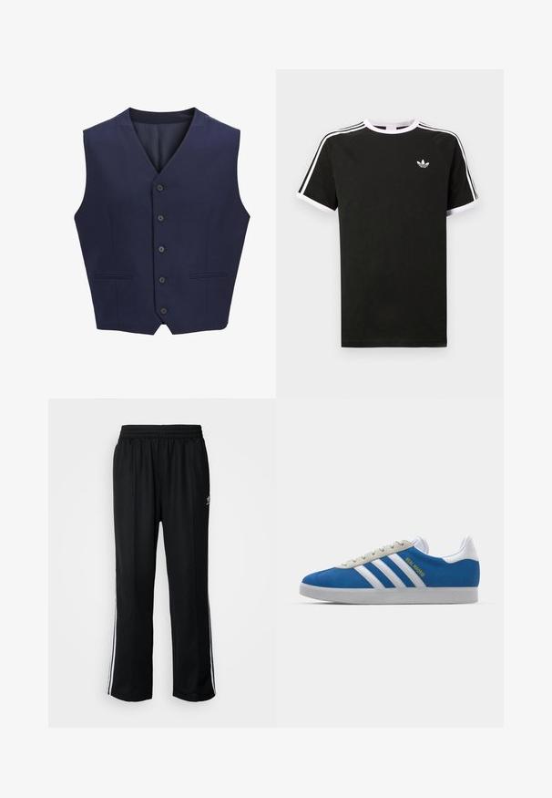 Colete azul marinho, feito de tecido texturizado, com colarinho em bico, seis botões frontais e dois bolsos laterais. Forro interior suave.; T-shirt preta feita de algodão com detalhes em branco. Apresenta mangas curtas, design raglan, e um pequeno logótipo no peito. Três riscas brancas nos ombros.; Calças atléticas pretas com um cós elástico, apresentando riscas brancas laterais e um pequeno logótipo. O material parece macio e leve.; adidas Originals ADIDAS GAZELLE SHOES - Botas de futebol de salão - real madrid/bluebird/footwear white/crew yellow