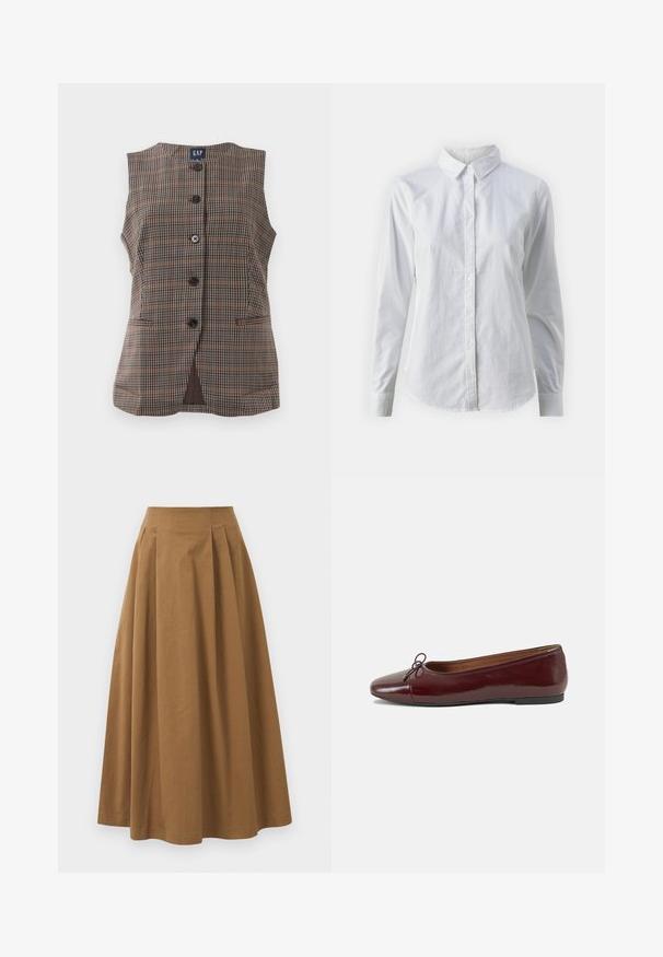 Ärmellose karierte Weste mit fünf schwarzen Knöpfen, zwei vorderen Eingrifftaschen und rundem Ausschnitt, in braunen und gedeckten Tönen.; Weißes Hemd mit Knöpfen, aus glattem Baumwollstoff, mit klassischem Kragen, langen Ärmeln und abgerundetem Saum. Die Knöpfe sind klein und weiß.; Brauner Baumwoll-A-Linien-Rock mit hoher Taille, der vorne Falten aufweist und eine glatte Textur hat. Der Saum ist sauber und einfach verarbeitet.; Burgunderfarbenes, lackiertes Ballettschuh mit abgerundetem Zehenbereich, kleiner Schleifenakzent vorne und einer niedrigen, schwarzen Gummisohle. Glatte Textur.