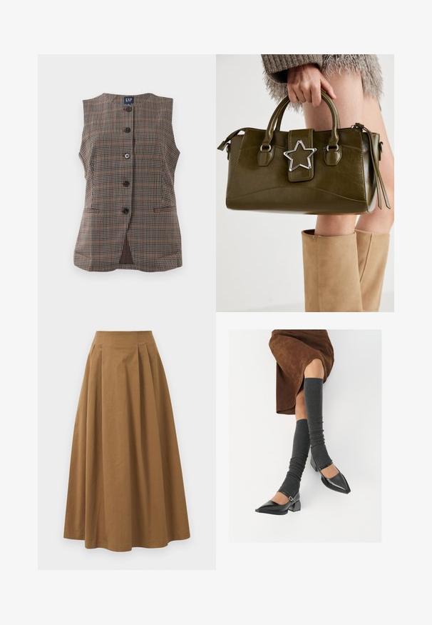 Sleeveless plaid vest with five black buttons, two front slit pockets, and a round neckline, in brown and muted tones.; White button-up shirt made of smooth cotton, featuring a classic collar, long sleeves, and a curved hem. Buttons are small and white.; Brown cotton A-line skirt with a high waist, featuring pleats down the front and a smooth texture. Hem finishes are clean and simple.; Black patent leather pointed-toe shoes with a block heel and ankle strap, paired with gray ribbed leg warmers and a brown suede skirt.; Olive green faux leather handbag with silver star accent, dual handles, and a zip closure. Textured surface and structured shape.