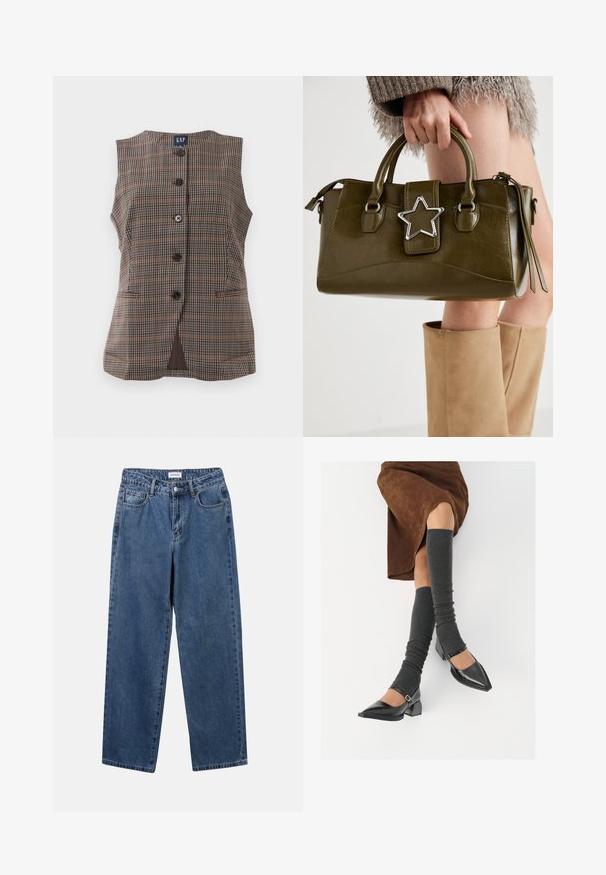 Vesta fără mâneci cu carouri, cu cinci nasturi negri, două buzunare frontale și un decolteu rotund, în nuanțe de brun și tonuri estompate.; Cămașă albă cu nasturi, confecționată din bumbac neted, având un guler clasic, mâneci lungi și un tiv curbat. Nasturii sunt mici și albi.; Jeans clasice din denim albastru, cu un design drept, cinci buzunare și închidere cu nasture. Prezentând o spălare medie și o textură rezistentă.; Pantofi negri din piele lacuită, cu vârful ascuțit, toc bloc și curea la glezna, asortați cu jambiere gri cu nervuri și o fustă din suede maro.; Geantă din piele ecologică de culoare verde măslin, cu accent din stea argintie, două mânere și închidere cu fermoar. Suprafață texturată și formă structurată.