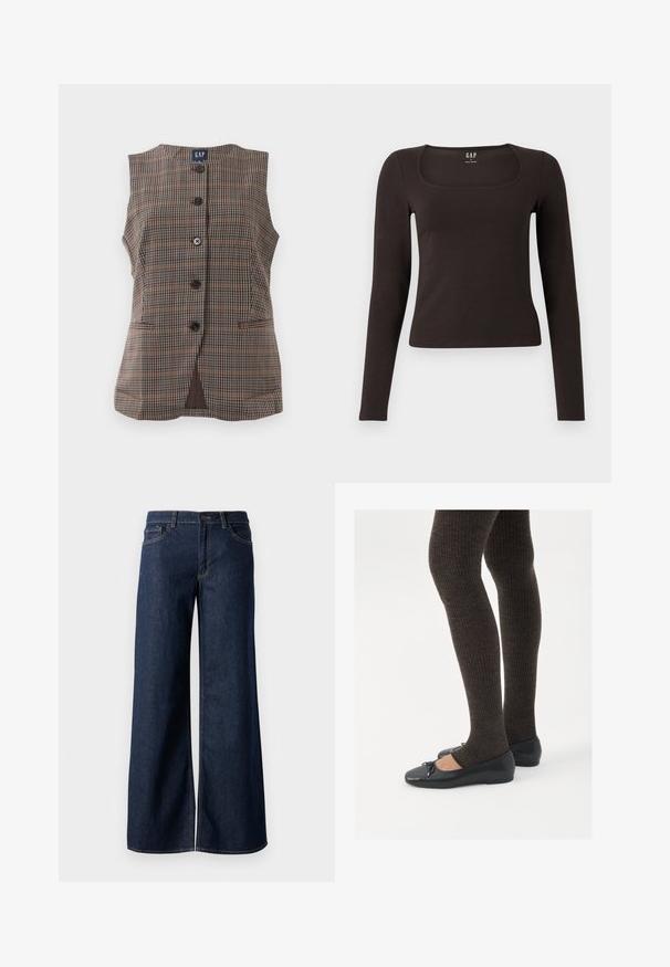 Bežinis be rankovių margas švarkelis su penkiais juodais mygtukais, dviem priekiniais kišenėmis ir apvaliu iškirpimu, pagamintas iš tyliai tonuotų audinių.; Juoda ilgomis rankovėmis, prigludusi bluzonėlė su kvadratine iškirpte, žymėta GAP, rodoma baltame fone.; Plati kojinės džinsai tamsiai mėlynos džinsinės medžiagos. Yra kontrastingas siuvimo ornamentas, penkios kišenės ir užsegimas mygtuku juosmenyje. Lygus paviršius.; Juodos plokščios bateliai su maža kaspinėlio detale prie pirštų, derinami su tamsiai rudos spalvos raukšlėtomis pėdkelnėmis. Bateliai turi lygų paviršių ir žemą profilį.