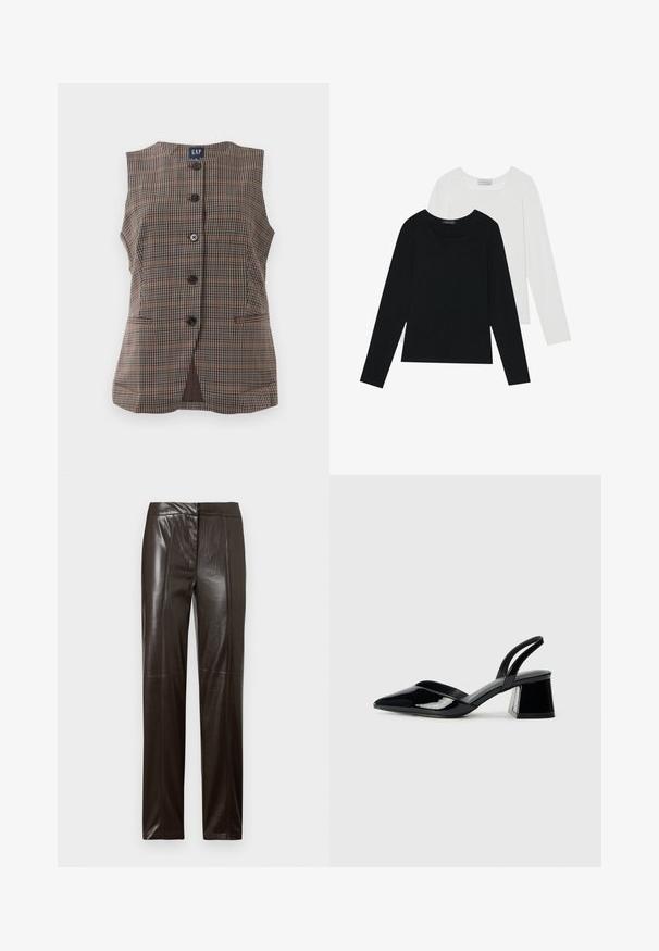 Bezrękawnik w kraciasty wzór z pięcioma czarnymi guzikami, dwoma kieszeniami z przodu i okrągłym dekoltem, w odcieniach brązu i stonowanych kolorach.; Dwie bluzki z długim rękawem, jedna czarna i jedna biała, obie z kwadratowym dekoltem i wykonane z miękkiego, elastycznego materiału.; Ciemnobrązowe skórzane spodnie o prostym kroju z gładkim wykończeniem i subtelnymi detalami szwów z przodu.; Czarne lakierowane półbuty na obcasie z wydłużonym noskiem i geometrycznym słupkiem. Charakteryzują się eleganckim, minimalistycznym designem oraz gładką fakturą.