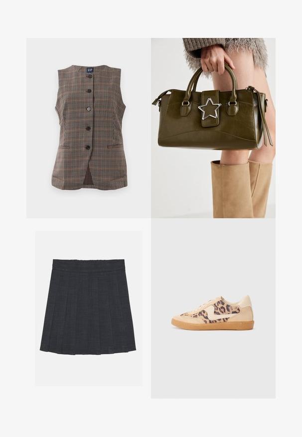 Sleeveless plaid vest with five black buttons, two front slit pockets, and a round neckline, in brown and muted tones.; White short-sleeve t-shirt with red ribbed collar, featuring embroidered "GAP" text and cherry design on the front. Made of ribbed fabric.; Dark gray pleated skirt with an elastic waistband, featuring a textured fabric and a classic A-line silhouette. Suitable for casual wear.; Leopard print sneakers with beige suede upper, tan rubber sole, and white accents. Round toe and lace-up design with a textured finish.; Olive green faux leather handbag with silver star accent, dual handles, and a zip closure. Textured surface and structured shape.