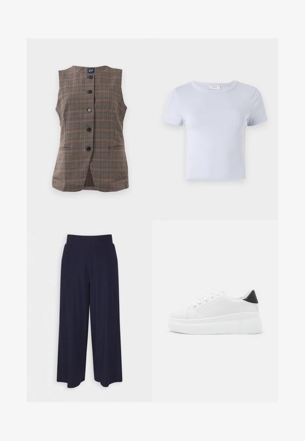 Käeauguta ruuduline vest, millel on viis musta nuppu, kaks esimest taskut ja ümmargune kaelus, pruunides ja tagasihoidlikes toonides.; Hele sinine lühikese varrukaga T-särk ümarate kraega, mis on valmistatud pehmest kangast; omab figuuri siluvat disaini ja peeneid õmbluse detaile.; Tumed põlvpüksid tumedast meresinisest kangast, millel on sooneline tekstuur. Omab sujuvat vööd ja voolavat siluetti, ulatudes pooleni säärest.; Valged platvormsneakerid, mis on valmistatud siledast sünteetilisest materjalist, ovaalse toe, paelkinnise disaini ja tekstuurse kummitaldiga. Must kontsrihm.