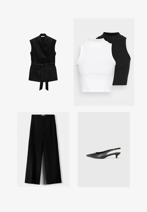 Mango Strukirani kaput - black; Dvije bezrukavne rebraste majice s visokim ovratnikom u crnoj i bijeloj boji, s prilagođenim dizajnom i glatkom teksturom, te skraćenom dužinom.; Crne široke hlače izrađene od lagane tkanine, s prednjim zatvaranjem na dugme i ravnim prednjim dijelom, sa uredno šivenim rubovima.; Crna cipelica s petom i otvorenom petom, izrađena od glatke kože. Ima tanku petu i detalj s kopčom na podesivoj naramenici.