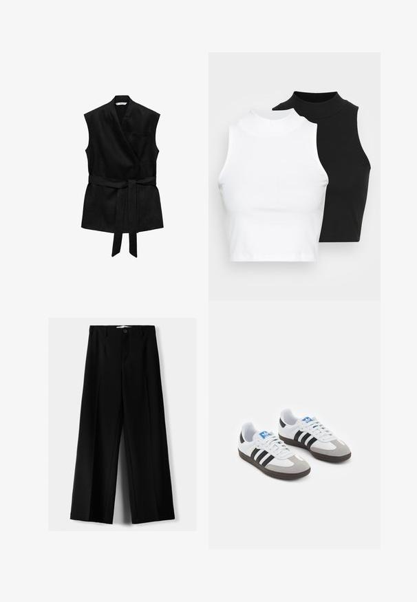Mango Weste - black; Zwei ärmellose, gerippte Rollkragenoberteile in Schwarz und Weiß, mit einer figurbetonten Passform und glatter Textur sowie einer cropped Länge.; Schwarze weite Hosen aus leichtem Stoff, mit einem Knopfverschluss vorne und flachem Bund, mit sorgfältig genähten Säumen.; Sportschuhe mit einem Obermaterial aus weißem Leder, grauer Wildleder-Zehenkappe und drei schwarzen Streifen. Sie verfügen über ein blaues Logo auf der Zunge und eine strukturierte Gummisohle.