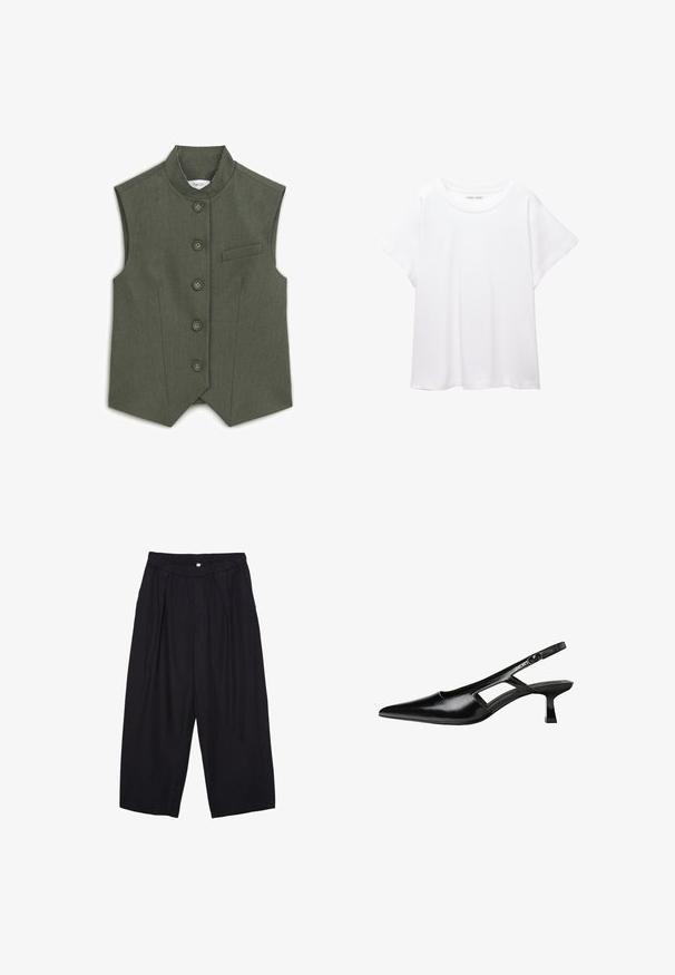 Bezrukávý vest v tmavě zelené tkanině, s mandarínkovým límcem, šesti knoflíkovým zapínáním a malou kapsou na levé hrudi. Texturovaný design.; Bílý tričko vyrobené z měkké, lehké tkaniny. Má kulatý výstřih a krátké, široké rukávy s uvolněným střihem. Bez viditelných vzorů.; Černé polyesterové culotte kalhoty s elastickým pasem, dvěma předními sklady a volným siluetou. Žádné viditelné vzory ani kovové detaily.; Černé lakované lodičky na podpatku se špičatou špičkou, výřezovým designem na boku a malým čtvercovým podpatkem. Hladká textura s minimálními akcenty.