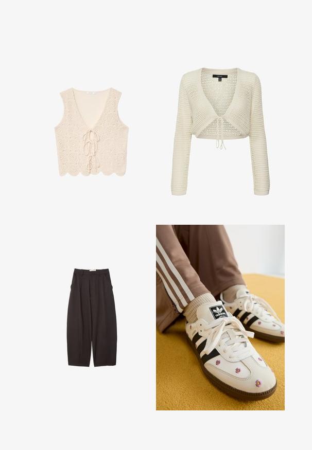 Häkel-Camisole in Creme mit V-Ausschnitt, versehen mit einem Häkelmuster, wellenförmigem Saum und einer Bindeschleife vorne.; Gekürzter Creme-Pullover mit einem strukturierten, offenen Strickdesign, V-Ausschnitt, langen Ärmeln und einer Kordelzugschließung an der Taille.; Rotes Tanktop mit weißen Trägern, sportlicher Schnitt und Logodetail auf der linken Brust. Glatte Textur, sportlicher Stil.; Schwarze weit geschnittene Hosen aus einem glatten Stoff, mit hoher Taille, Frontfalten und Seitentaschen. Schlichtes Design ohne Verzierungen.; Weiße Leder-Sneaker mit drei schwarzen Streifen und floralem Stickereien in Lila und Gelb. Braune Gummisohle. Kombiniert mit beigen gerippten Socken.