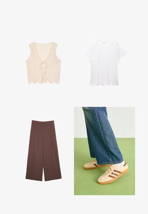 Häkel-Camisole in Creme mit V-Ausschnitt, versehen mit einem Häkelmuster, wellenförmigem Saum und einer Bindeschleife vorne.; Weißes T-Shirt aus weichem, leichtem Stoff. Mit runder Halslinie und kurzen, weit geschnittenen Ärmeln für einen lässigen Sitz. Keine sichtbaren Muster.; Braune Weite-Leg-Hosen mit einer glatten Textur, hoher Taille und Vorderfalten. Der Stoff ist leicht und fällt locker.; Beige Sneakers mit strukturierten cremefarbenen Paneelen und braunen Streifen, kombiniert mit blauen Jeans. Die Jeans haben einen weiten Beinschnitt und einen fransigen Saum.
