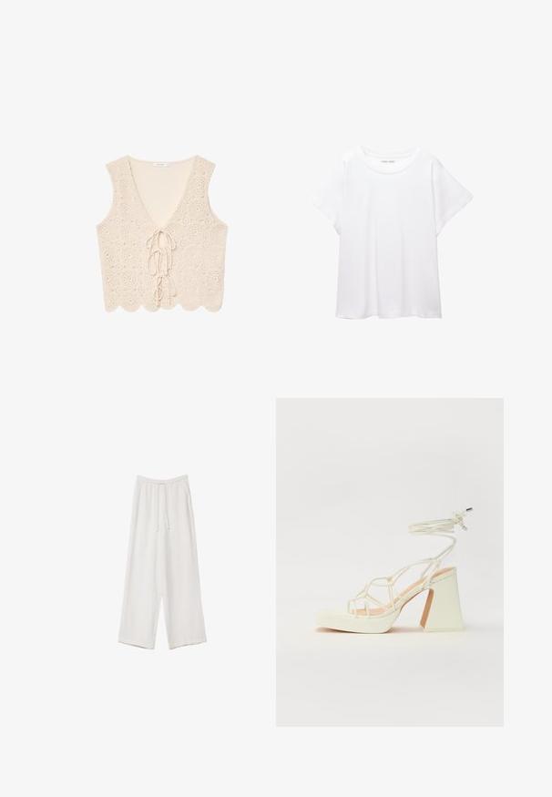 Blonder vesttop i creme med V-hals, der har et hækle mønster, bølget kant og bindebånd foran.; Hvid T-shirt lavet af blødt, let stof. Har en rund halsudskæring og korte, brede ærmer med en afslappet pasform. Ingen synlige mønstre.; Hvide bukser med bred benlængde lavet af et letvægtsstof. Har et elastisk talje med snor og sidelommer. Glat tekstur.; Hvide højhælede sandaler med en kraftig hæl, der har et stropdesign og ankelbinding. Glat tekstur med en platform foran for ekstra højde.