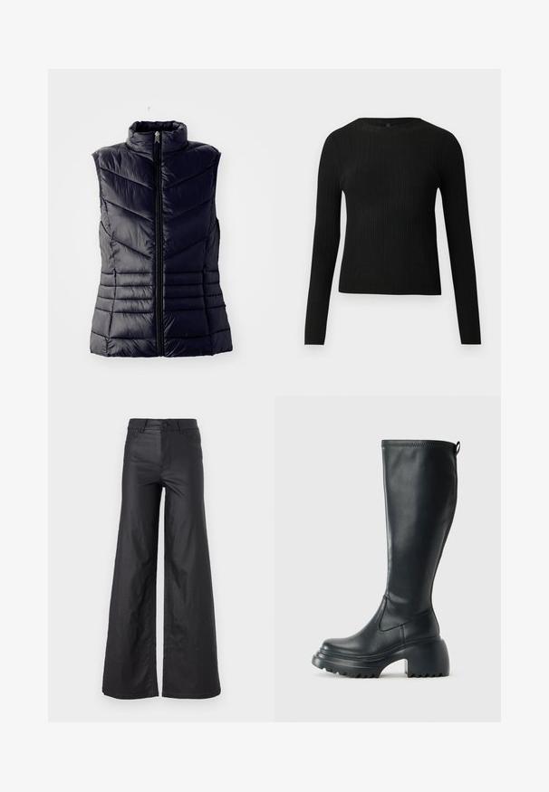 Námořnická prošívaná vesta s vysokým límcem, která má šikmé švy, přední zip a bez rukávů. Hladká, lesklá textura.; Černý žebrovaný dlouhý rukáv těsně padnoucí svetr s kulatým výstřihem, vystavený na jednoduchém světlém pozadí.; Černé kalhoty s širokými nohavicemi ze syntetické kůže. Mají vysoký pás, poutka na opasek, dvě přední kapsy a prošívané detaily.; Vysoká černá kožená bota s masivní platformou a blokovým podpatkem, s poutkem a texturovaným vzorkem na podrážce.