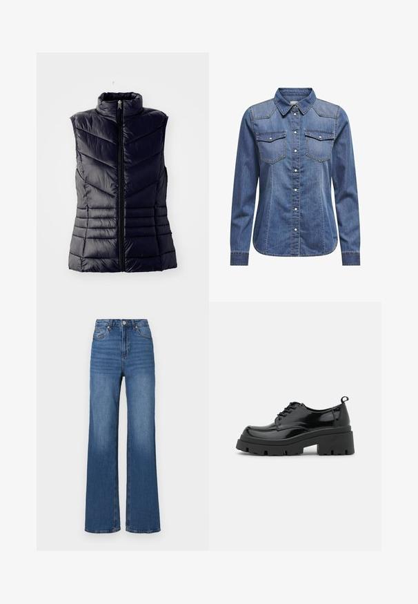 Colete acolchoado azul marinho com gola alta, apresentando costura em zigue-zague, fecho frontal com zíper e sem mangas. Textura lisa e brilhante.; Camisa de denim em azul escuro, com gola, mangas longas, dois bolsos no peito e detalhes de costura contrastantes.; Jeans azuis de cintura alta e perna larga, feitos de denim, com um clássico design de cinco bolsos e desbotamento subtil ao longo das pernas.; Sapatos pretos deverniz com uma sola de plataforma chunky e cadarços grossos. Bico arredondado, detalhes mínimos e uma pequena aba no calcanhar.