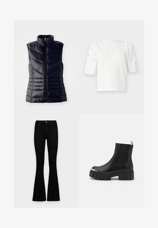 Mornarska podloga prsluk s visokim ovratnikom, sa šavovima u obliku chevrona, prednjim patentnim zatvaračem i bez rukava. Glatka, sjajna tekstura.; Bijela pamučna majica s kratkim puf rukavima, s malim srebrnim ukrasima duž rukava. Klasičan okrugli izrez, opušteni kroj.; Crne traperice viskog struka s kopčanjem na gumb i rajfeslusu, prednjim džepovima i širom nogavicama položene su ravno na bijeloj pozadini.; Crne gležnjače od glatke kože s elastičnim panelima, debelim platformskim potplatom i metalnim vrhom.