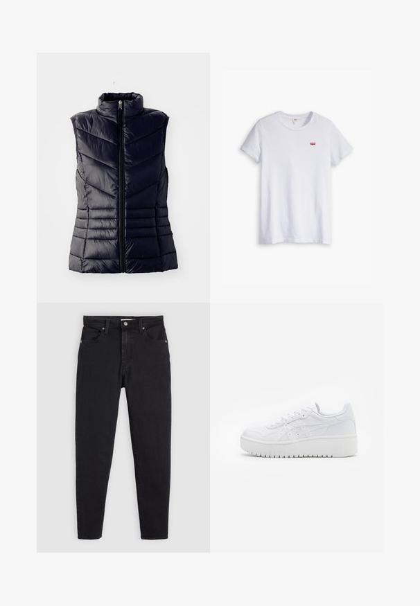 Jūros mėlynos spalvos, paminkštintas liemenė su aukštu apykakle, su zigzaginiais siūlais, priekiniais užtrauktukais ir be rankovių. Lygus, blizgus paviršius.; Balta medvilninė marškinė su trumpomis rankovėmis ir apvaliu kaklu. Savybėje yra mažas raudonas Levi's logotipas kairėje krūtinės pusėje.; Juodi liesi džinsai su mygtuku ir užtrauktuku, penkių kišenių dizainas ir diržo kilpos šviesiai pilkame fone.; Baltos platforminės sportinės bateliai su lygiu odos paviršiumi, perforuotomis detalėmis ir plokščiomis raištelėmis; turi storą baltą gumos padas.