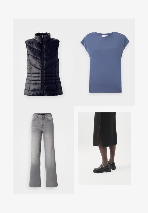 Tengerészet színű párnázott mellény magas gallérral, chevron varrással, elülső cipzárral és ujjatlan kialakítással. Simább, fényes textúra.; V-nyakú, rövid ujjú póló halvány kék színben, puha pamut anyagból, sima textúrával és laza fazonnal.; Magasan derekú, egyenes szárú, szürke farmernadrág, elől gombbal és cipzárral, elülső és hátsó zsebekkel, valamint elhalványodott árnyékolással a combokon és a vádlikon.; Fekete bőr cipők lekerekített orral, vastag blokk sarkakkal és elasztikus oldalsó díszítésekkel, sötét harisnyával és hasítékkal ellátott fekete szoknyával párosítva.