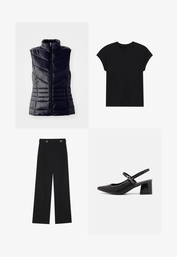 Tumedast värvitud pehmendusega vest kõrge kraega, millel on chevron-õmblused, ees lukuga ja ilma varrukateta. Sile, läikiv tekstuur.; Must musta T-särk ümmarguse kaeluse, lühikeste varrukate ja laheda lõikega. Sile tekstuur, ei mingeid nähtavaid mustreid ega kaunistusi.; Mustad laiad püksid kõrge vöökoha ja nööpdetailidega vööandil, esikortsudega.; Mustad läikivad nahast slingback-kõrged kontsad, millel on terav nina, ümar lõikekujundus ja blokknina. Omab kuldset nupu aktsenti.