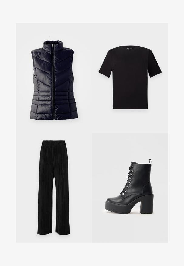 Colete acolchoado azul marinho com gola alta, apresentando costura em zigue-zague, fecho frontal com zíper e sem mangas. Textura lisa e brilhante.; T-shirt preta de mangas curtas com decote redondo, feita de tecido de algodão suave. Design simples, sem logótipos ou padrões visíveis.; Calças pregueadas pretas com uma cintura elástica. Apresentam pernas largas e um tecido liso, texturizado com riscas verticais.; Botim de pele preta até ao tornozelo com um salto bloco chunky, frente com atacadores e superfície texturizada. Apresenta uma lingueta na parte de trás para um uso fácil.