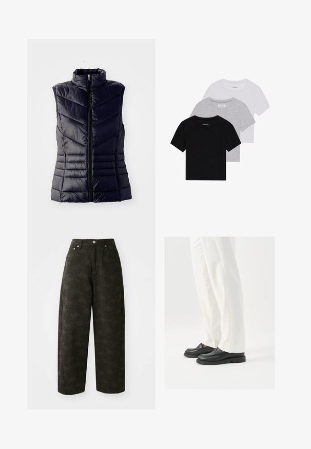 Laivastonsininen pehmeä liivi, jossa on korkea kaulus, viistosti ommeltu pinta, etuvetoketju ja ilman hihoja. Sileä, kiiltävä pinta.; Kolm lyhythihaista t-paitaa mustana, harmaana ja valkoisena. Valmistettu puuvillasta, jossa on pyöreä kaula-auko ja yksinkertainen, tasavärinen muotoilu.; Tummanvihreät leveälahkeiset housut, joissa on teksturoitu kukkakuosi, viisipaikkainen muotoilu ja metallinapeilla suljettava vyötärö.; Musta nahkakengät, joissa on sileä pinta, ompelusedet ja pyöristetty kärki, yhdistetty valkoisiin räätälöityihin housuihin.