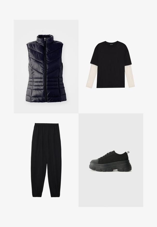 Tengerészet színű párnázott mellény magas gallérral, chevron varrással, elülső cipzárral és ujjatlan kialakítással. Simább, fényes textúra.; Fekete pamut póló, rövid ujjal, fehér hosszú ujjú réteg fölött, finom textúrával. Kerek nyakkivágású dizájn.; Fekete, könnyű nadrág elasztikus derékkal és ráncolt bokákkal. Az anyag sima és laza, szűkített dizájnnal rendelkezik.; Fekete sportcipők vastag gumitalppal, texturált szövet felsőrésszel, kerek orral és fűzős kialakítással. Megerősített fűzőlyukakkal és hátsó húzófüllel rendelkezik.