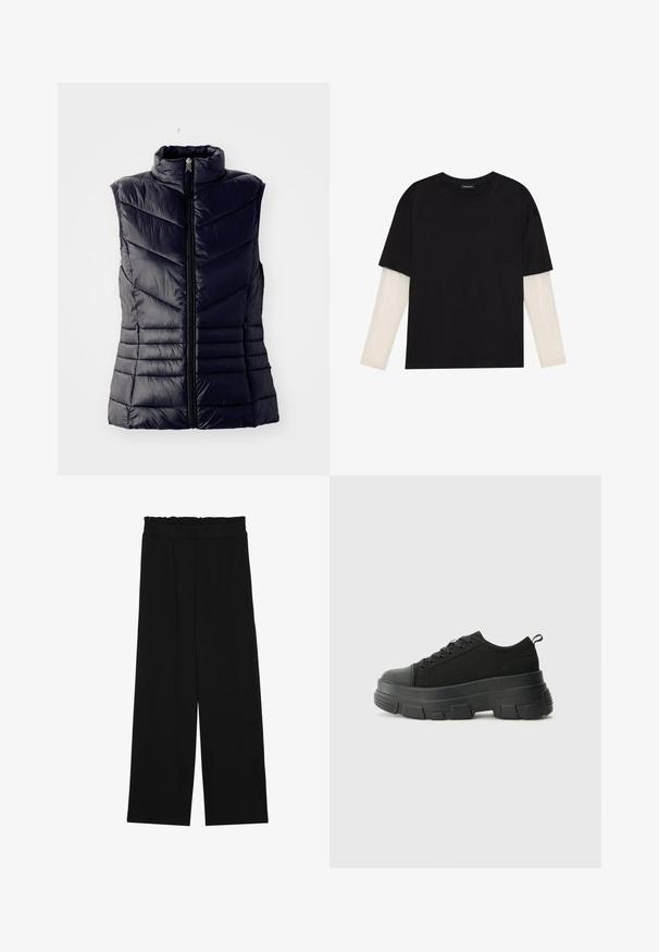 Tumedast värvitud pehmendusega vest kõrge kraega, millel on chevron-õmblused, ees lukuga ja ilma varrukateta. Sile, läikiv tekstuur.; Mustmust särk, mis on valmistatud puuvillast, lühikeste varrukatega, valge pika varrukaga kihi peal, millel on peene tekstuuriga muster. Ümar kaelus.; Mustad laiad püksid rüüstatud vöökohtadega, millel on kaks küljetaskut ja ühetaoline, kerge kangas. Ilma nähtavate mustrite või seadmeteeta.; Mustad mustad mustikad, millel on tugev kummist põhi, tekstuuriga kangast pealis, ümar varvas ja seotud disain. Omab tugevdatud silmuseid ja tagumist tõmbeotsta.