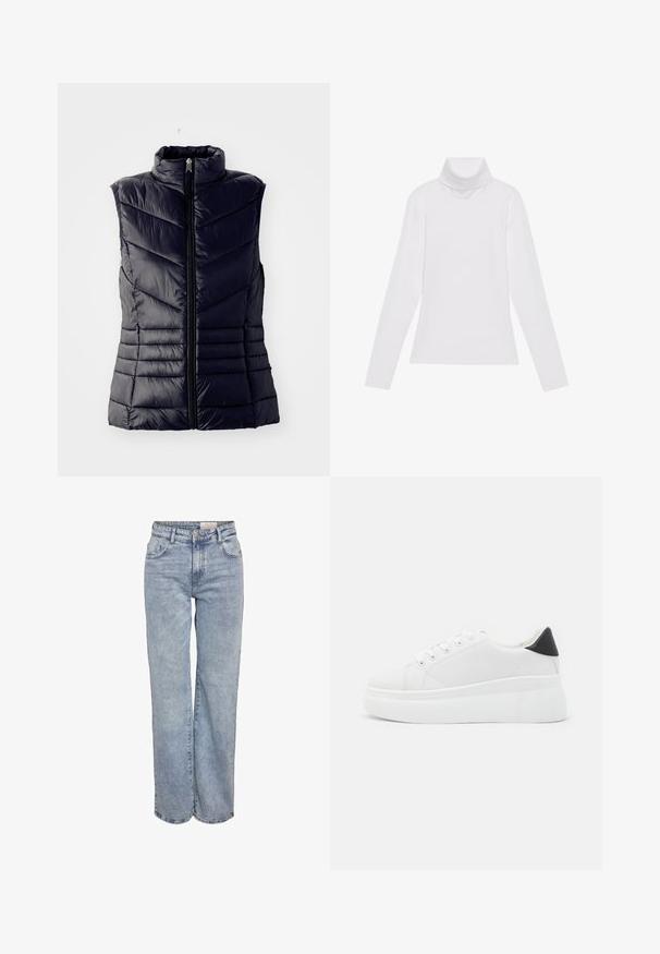 Granatowa ocieplana kamizelka z wysokim kołnierzem, z przeszyciami w jodełkę, z zamkiem błyskawicznym z przodu i bez rękawów. Gładka, błyszcząca tekstura.; Biała bluzka z długim rękawem i golfem, wykonana z gładkiego, elastycznego materiału. Posiada wysoki kołnierz i dopasowany krój, bez widocznych wzorów czy zdobień.; Jasnoniebieskie dżinsy z szerokimi nogawkami, wykonane z denimu, z wysokim stanem, pięciowgzianą konstrukcją i subtelnym wyblaknięciem, dającym wrażenie noszonych.; Białe sneakersy na platformie wykonane z gładkiego materiału syntetycznego, z zaokrąglonym noskiem, sznurowanym zapięciem i teksturowaną gumową podeszwą. Czarne akcenty na pięcie.
