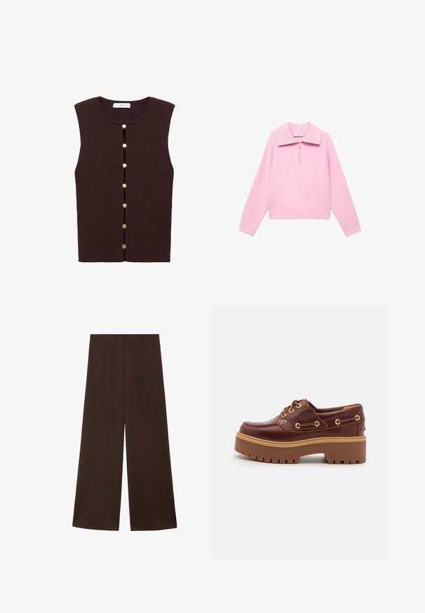 Brązowy, prążkowany, bezrękawnik o okrągłym dekolcie i pionowym zapięciu na guziki, zdobiony sześcioma złotymi guzikami z przodu.; Różowy, krótki sweter z wysokim kołnierzem i półzamkiem z przodu. Posiada długie rękawy i gładką, miękką fakturę. Brak wzorów lub akcentów.; Szerokie spodnie wykonane z gładkiej, ciemnobrązowej tkaniny. Posiadają wysoki pas i minimalistyczny design bez ozdób.; Brązowe skórzane buty typu boat shoe z grubą brązową gumową podeszwą, złotymi oczkami i kontrastowym szwem. Posiadają logo na boku.